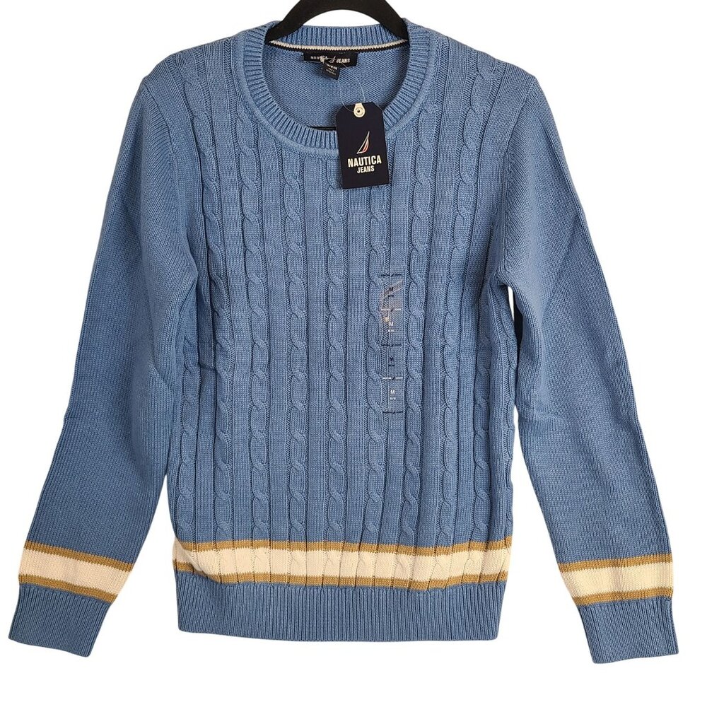NWT Nautica Jeans Cable Knit Sweater In Slate Blue w/ Contrast Stripe Trim Sz M
